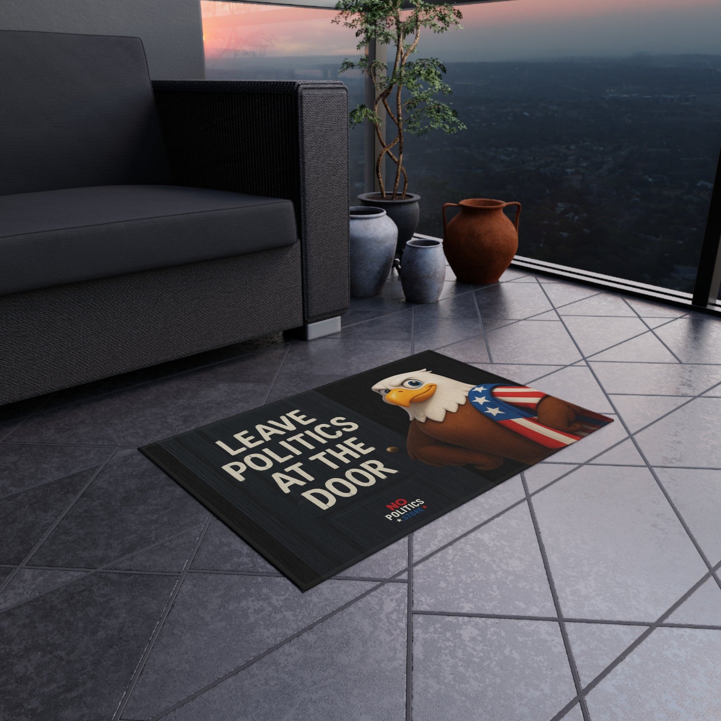 Outdoor Welcome Rug – “Leave Politics at the Door”