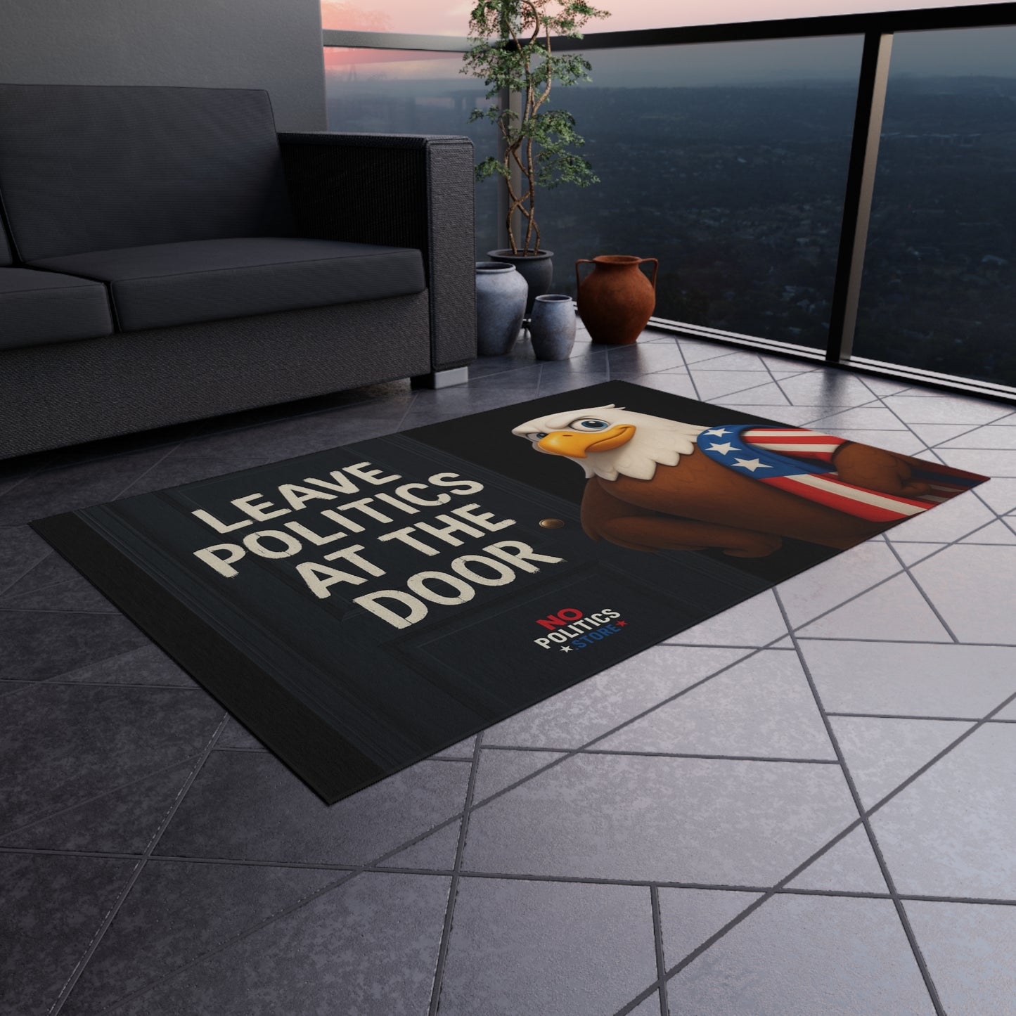Outdoor Welcome Rug – “Leave Politics at the Door”