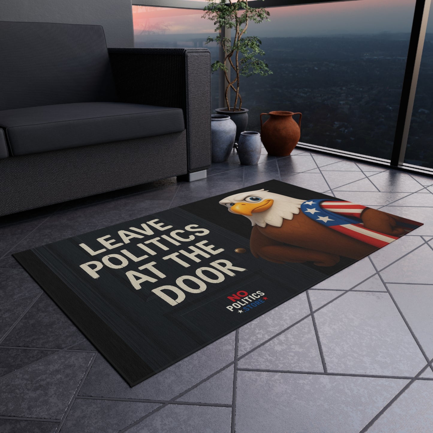 Outdoor Welcome Rug – “Leave Politics at the Door”