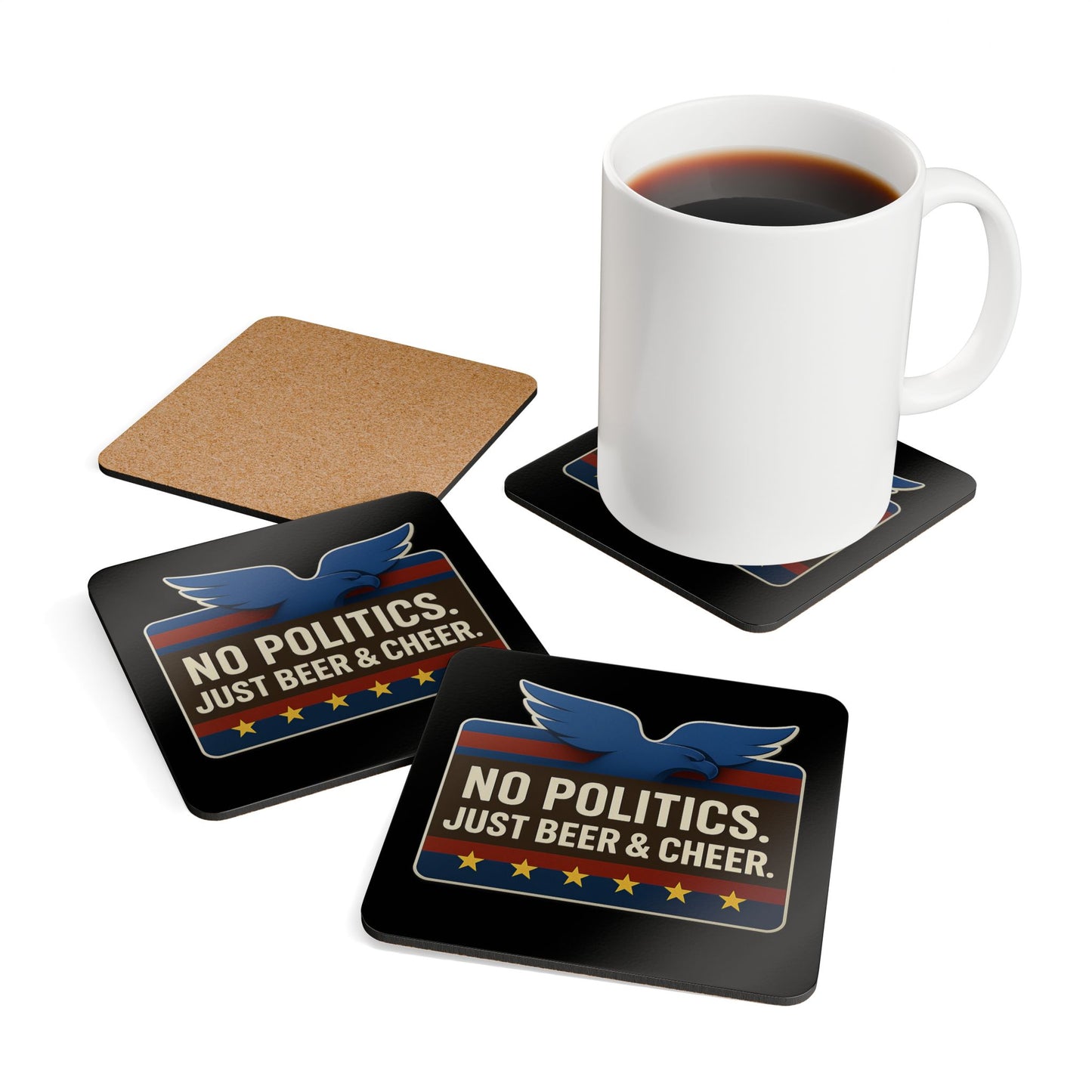 Patriotic Corkwood Coaster Set - No Politics, Just Beer & Cheer - Fun Bar Decor, Gift for Home, Housewarming, BBQ, American Holidays