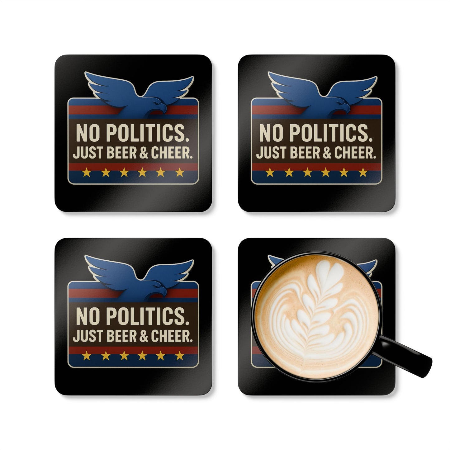 Patriotic Corkwood Coaster Set - No Politics, Just Beer & Cheer - Fun Bar Decor, Gift for Home, Housewarming, BBQ, American Holidays
