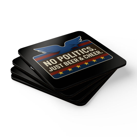Patriotic Corkwood Coaster Set - No Politics, Just Beer & Cheer - Fun Bar Decor, Gift for Home, Housewarming, BBQ, American Holidays