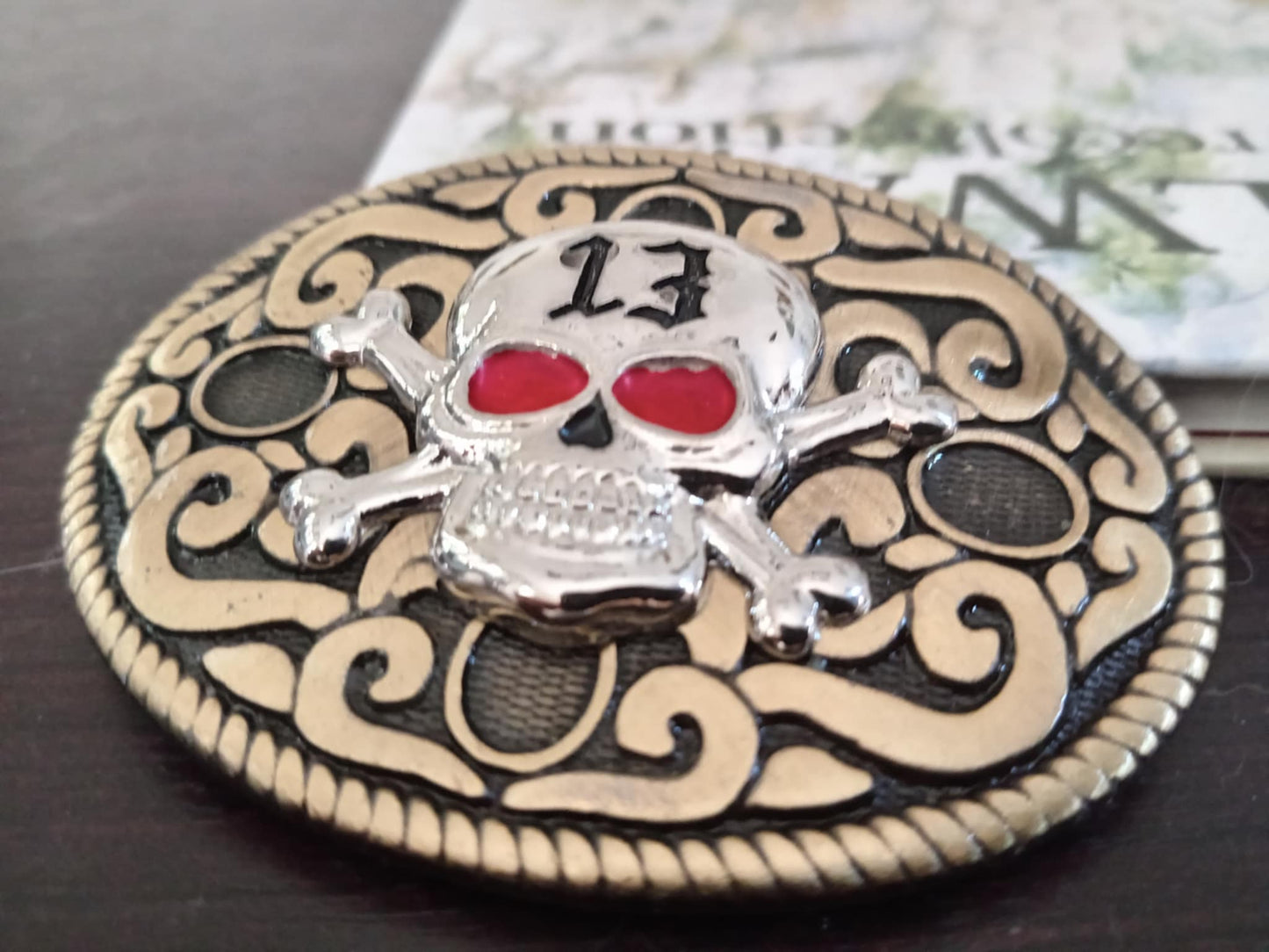 Skull & Crossbones Belt Buckle – “13” Red Eyes Heavy Metal Design