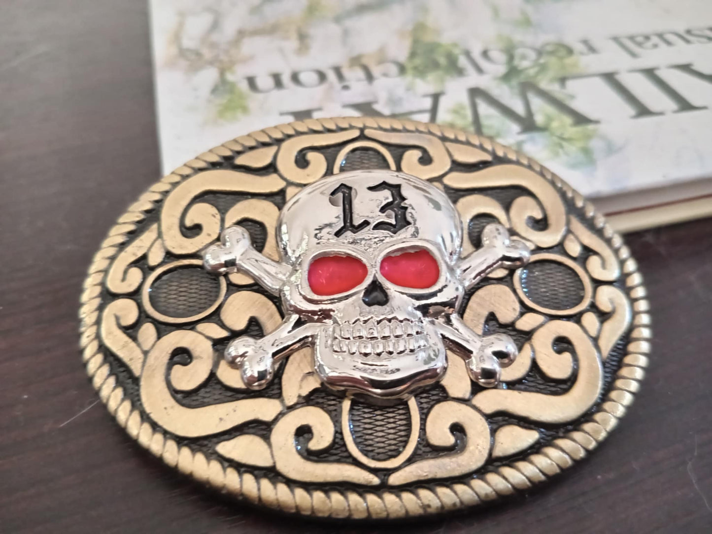 Skull & Crossbones Belt Buckle – “13” Red Eyes Heavy Metal Design