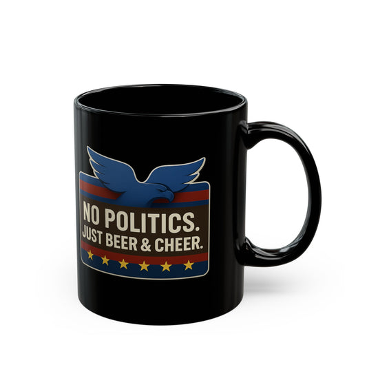 Black Beer & Cheer Mug - No Politics Design, Funny Coffee Cup, Gift for Gamers & Friends, Beer Lovers Mug, Election Season Decor