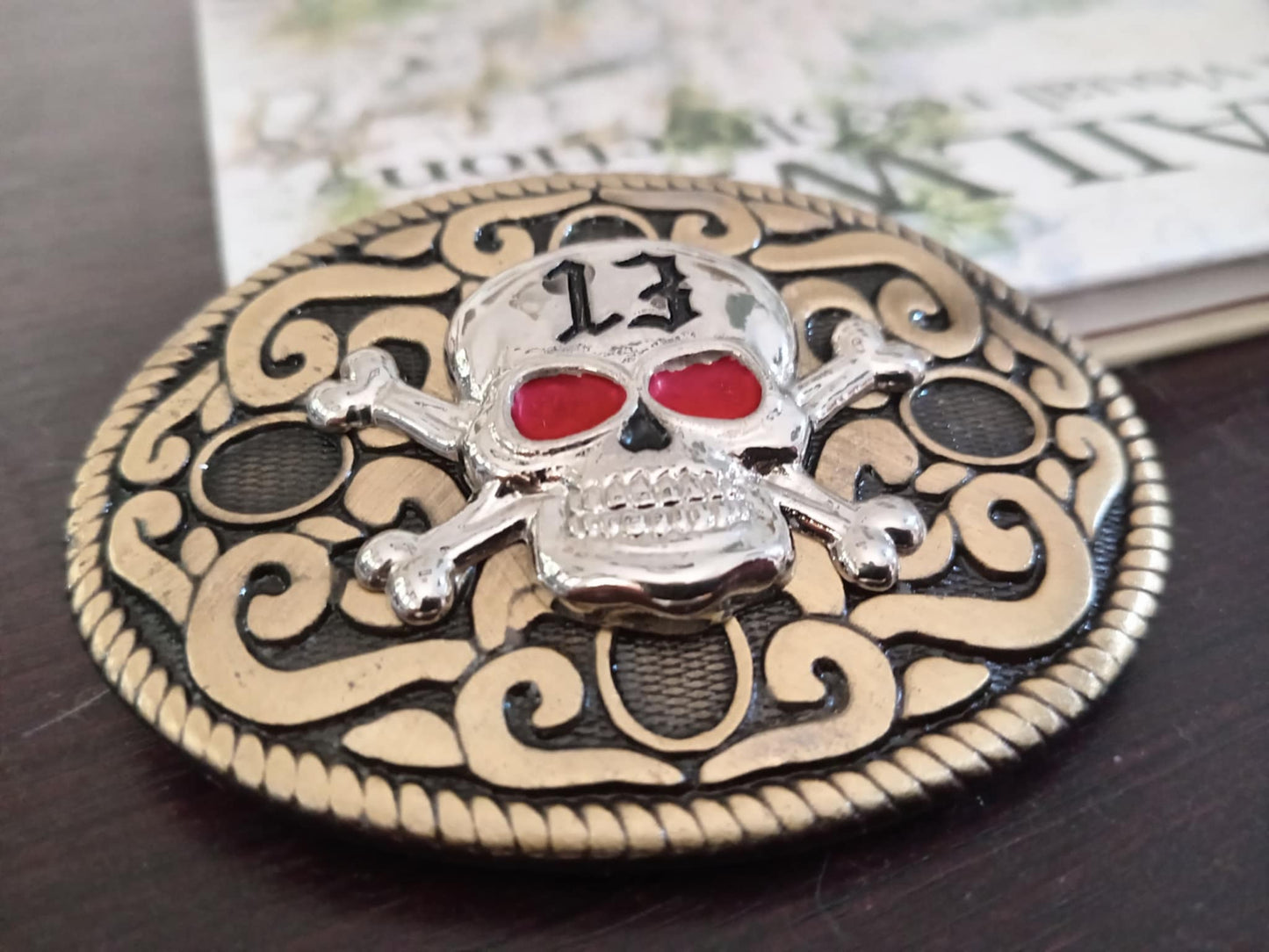 Skull & Crossbones Belt Buckle – “13” Red Eyes Heavy Metal Design