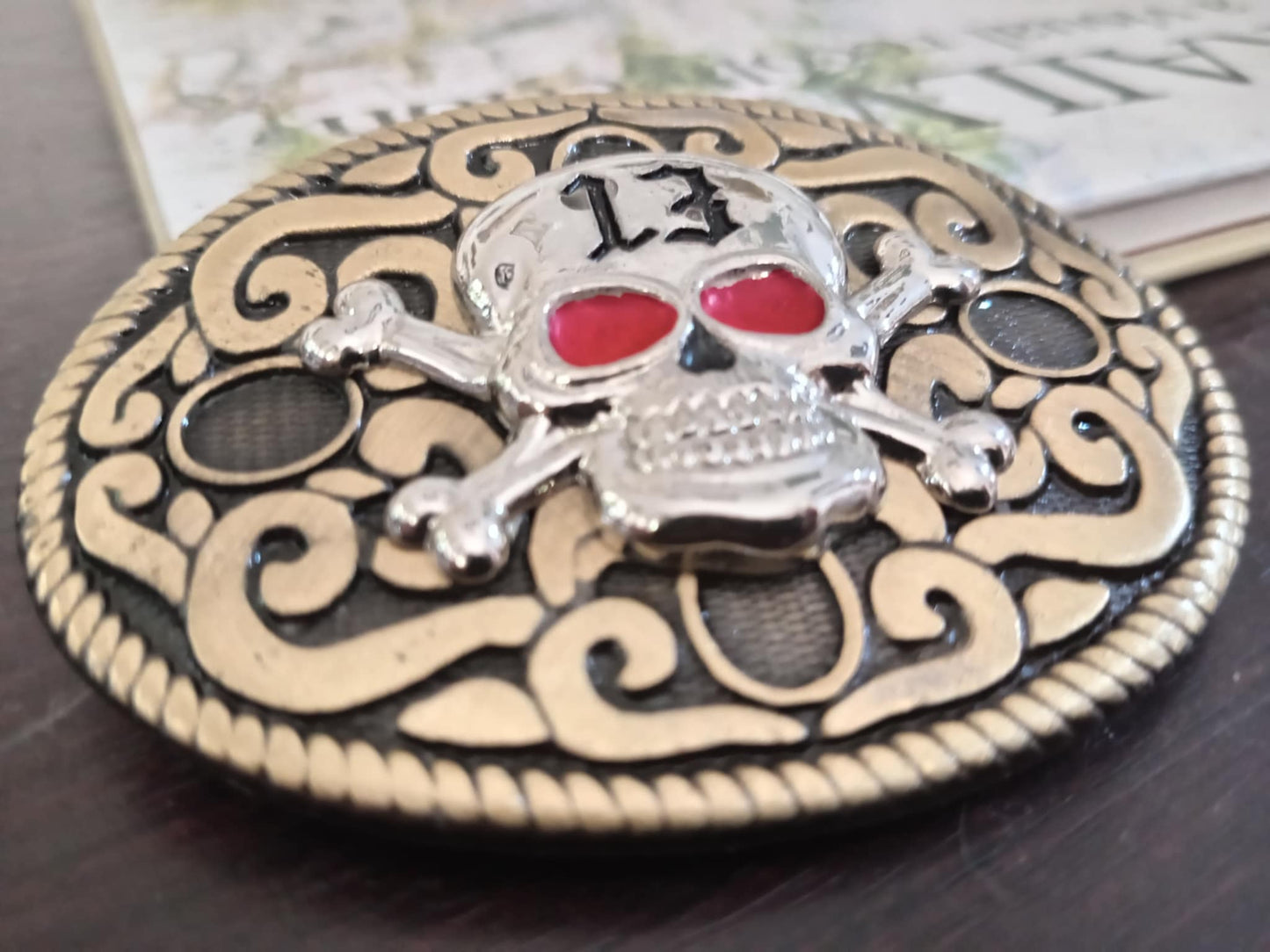 Skull & Crossbones Belt Buckle – “13” Red Eyes Heavy Metal Design