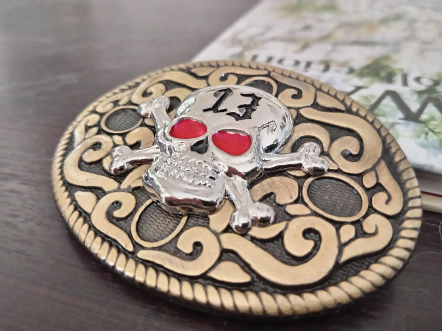 Skull & Crossbones Belt Buckle – “13” Red Eyes Heavy Metal Design